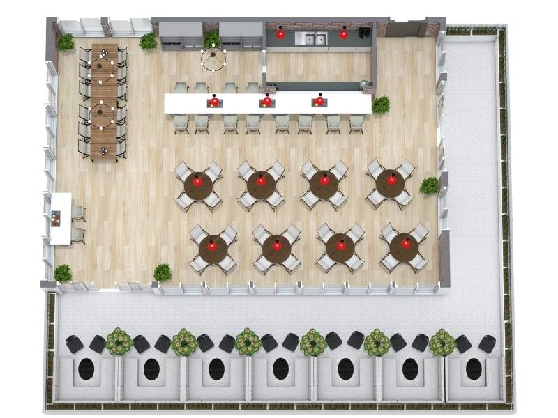 3D-Ansicht eines Bar-Grundrisses mit zentralem Barbereich, Sitzplätzen im Innenraum und Außenbereich mit Tischen und Loungemöbeln.