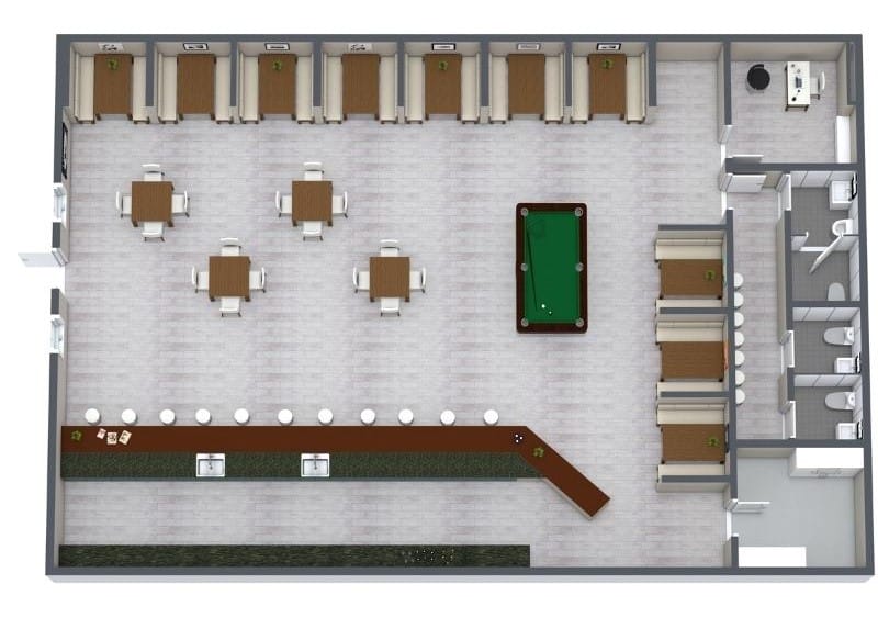 3D-Ansicht eines Bar-Grundrisses mit langem Barbereich, Sitzplätzen, Billiardtisch sowie Sanitär- und Servicebereichen.