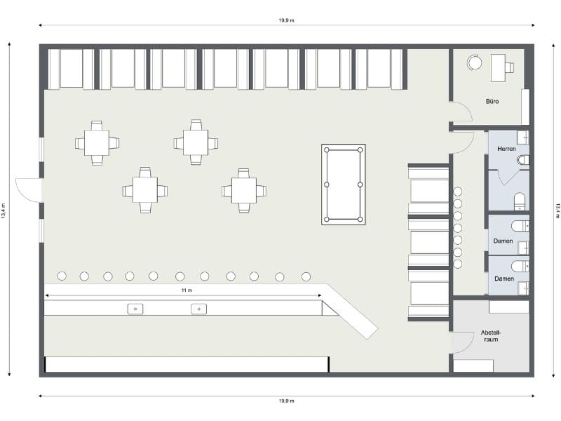 2D-Bar-Grundriss mit Barbereich, Sitzplätzen, Billiardtisch, Sanitäranlagen, Büro und Abstellraum.