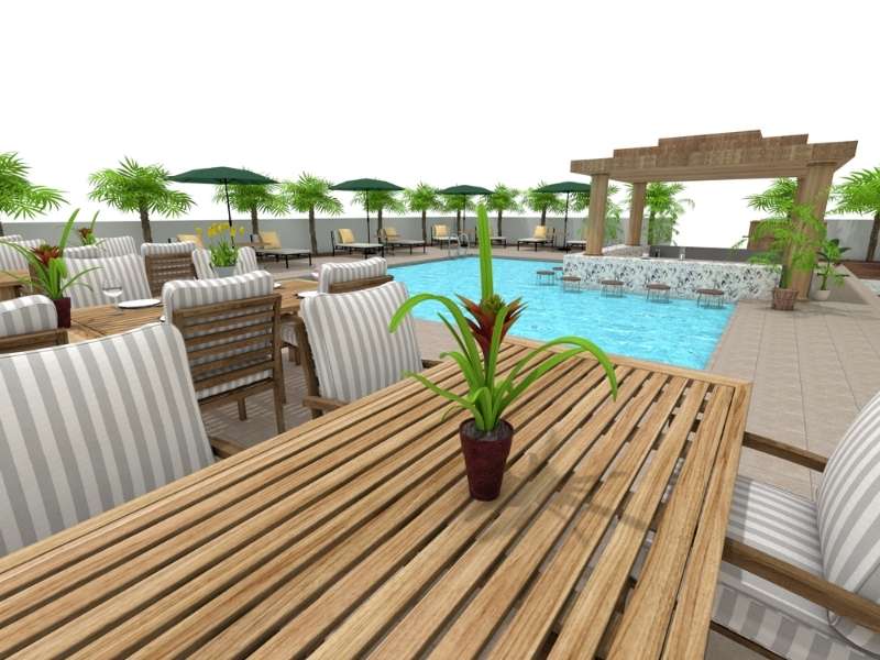 3D-Visualisierung eines Außenbereichs mit Pool-Bar, Sitzplätzen, Sonnenschirmen und tropischer Bepflanzung.