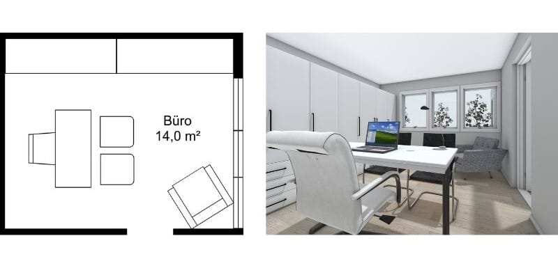 Keller Grundriss mit Heimbüro, Schreibtisch und Stauraum