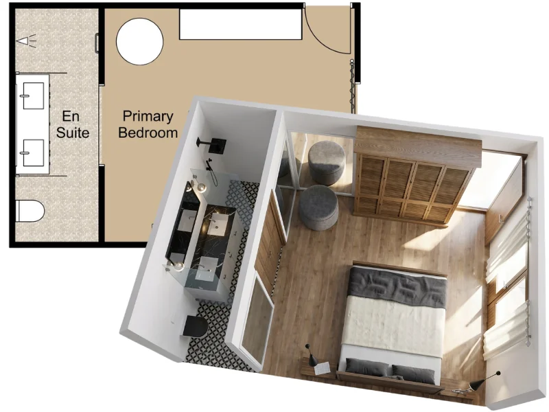 Kombinierte 2D- und 3D-Darstellung eines Hauptschlafzimmers mit Bad en suite. Der Grundriss zeigt Dusche, Doppelwaschtisch und WC; die 3D-Ansicht ein Bett, einen großen Holzkleiderschrank, einen Schreibtisch, zwei runde Hocker und hohe Fenster.