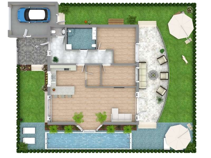 Grundrisse für Grundstückspläne mit detailliertem Lageplan von Haus, Gartenbereichen, Pool, Terrasse und Zufahrt