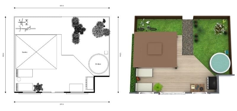 Grundstücksplan mit Garten, Terrassendeck und baulichen Anlagen