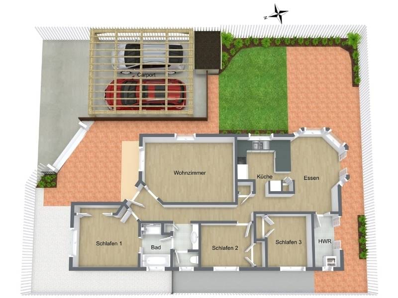 Lageplan mit Carport, klar erkennbaren Grundstücksgrenzen sowie detailliertem Hausgrundriss und Gartenbereichen