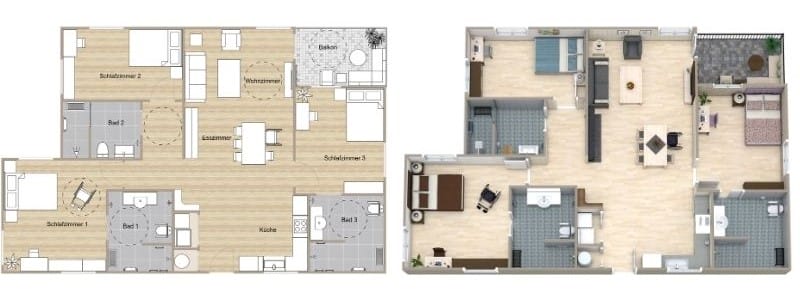 Grundriss für ein barrierefreies einstöckiges 4-Zimmer-Haus mit drei Schlafzimmern, drei Bädern und Balkon