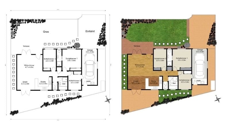 2D Grundstücksplan in Schwarz-Weiß und Farbe mit Hausgrundriss, Garage, Terrasse und Gartenbereichen