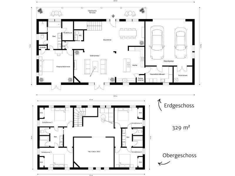 Grundriss für ein zweistöckiges großes Haus mit Erdgeschoss und Obergeschoss, fünf Schlafzimmern, drei Bädern, offener Wohnküche und Doppelgarage