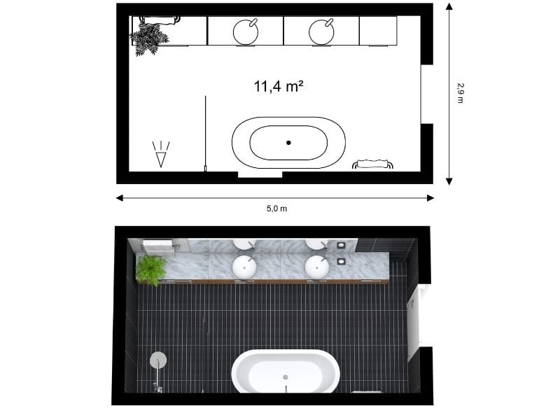 Grundriss für großes Badezimmer mit zwei Waschbecken und zentral platzierter Badewanne