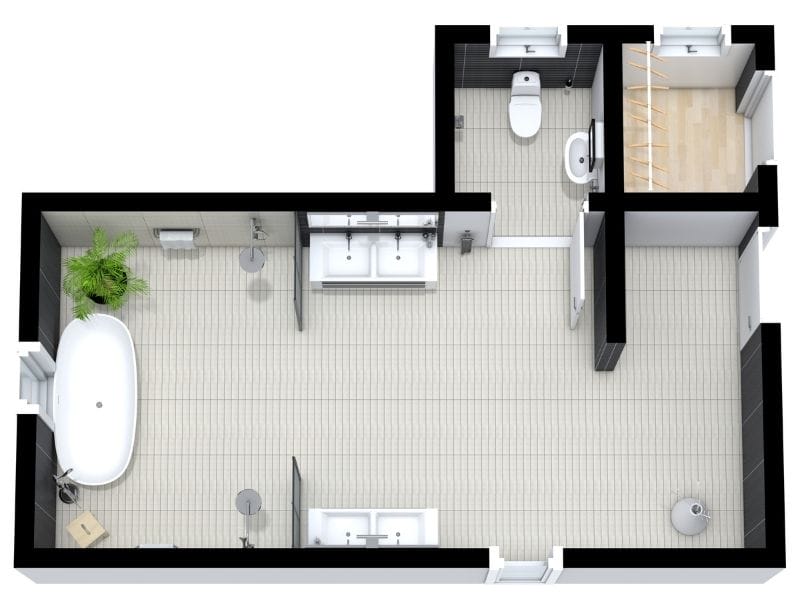 Grundriss für großes Badezimmer mit separatem Toilettenraum, Badewanne und zwei Waschbecken