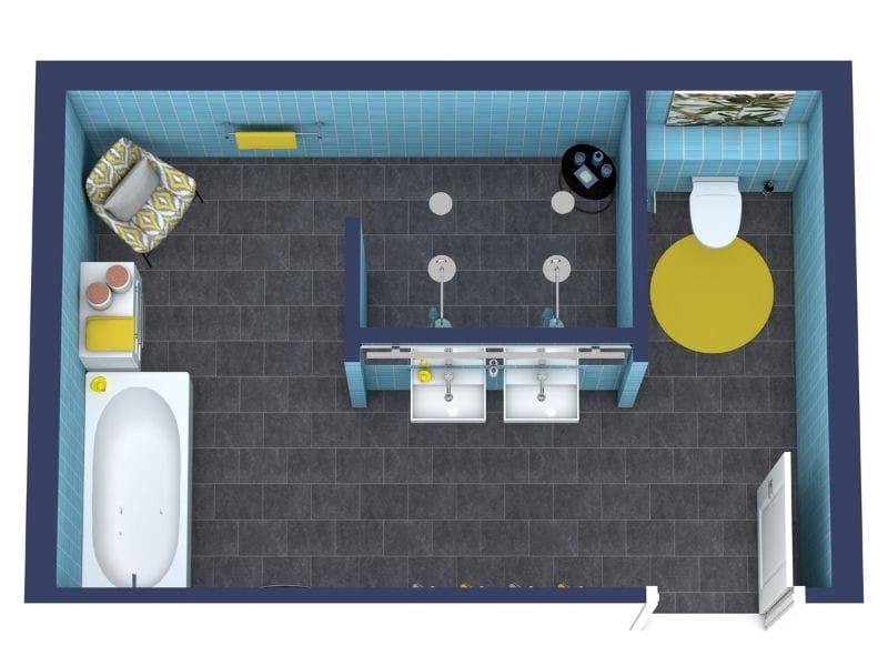 Grundriss für großes Badezimmer mit begehbarer Dusche, Doppelwaschbecken und separatem WC