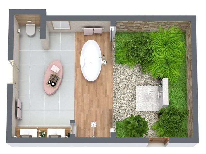 Grundriss für großes Badezimmer mit freistehender Badewanne, separatem WC und Planzen