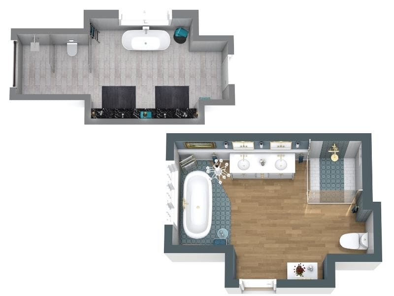 Grundrisse für große Badezimmer mit modernem und klassischem Design, freistehender Badewanne, Dusche und Doppelwaschbecken