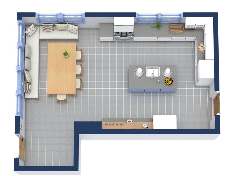 Moderner Küchengrundriss mit Kücheninsel, Essbereich und großzügiger Arbeitsfläche als Beispiel für Grundrisse für Küchen