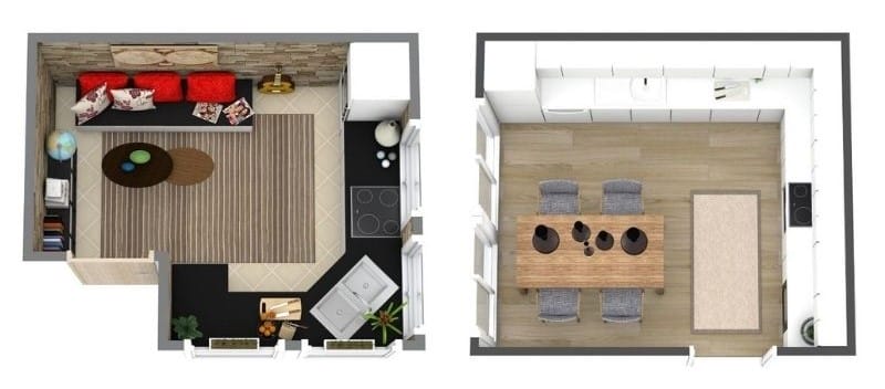 Zwei moderne L-förmige Küchengrundrisse mit Essbereich und großzügiger Arbeitsfläche als Inspiration für funktionale Grundrisse für Küchen