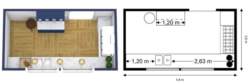 Küchengrundriss mit großen Arbeitsflächen und klarer Raumaufteilung als Beispiel für funktionale und großzügige Grundrisse für Küchen