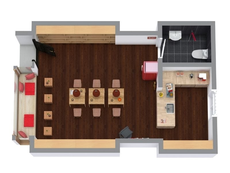 Moderner Grundriss für ein Café mit Sitzbereich, Theke, Küche und Toilette – inspirierendes Layout-Beispiel für die Café-Planung.