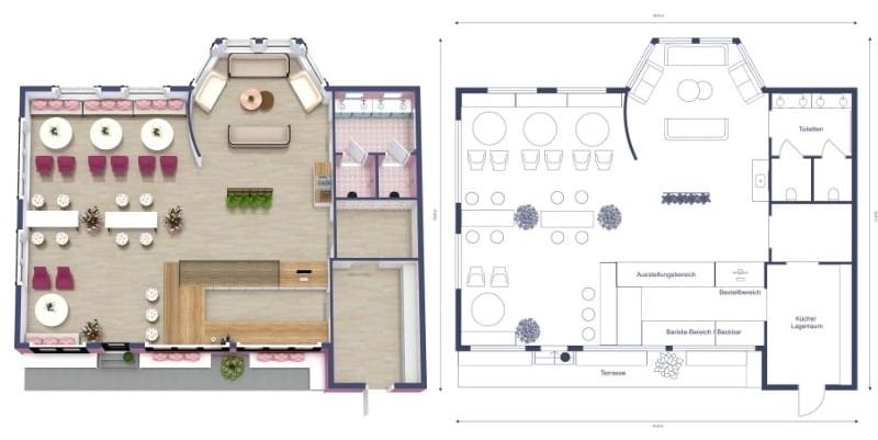 Grundriss für ein verspieltes Café mit Terrasse, Sitzbereich, Theke und effizienten Servicebereichen.