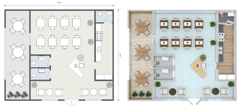 Grundriss für ein Café mit Küche, Terrasse, Sitzbereich und funktionalen Servicezonen.