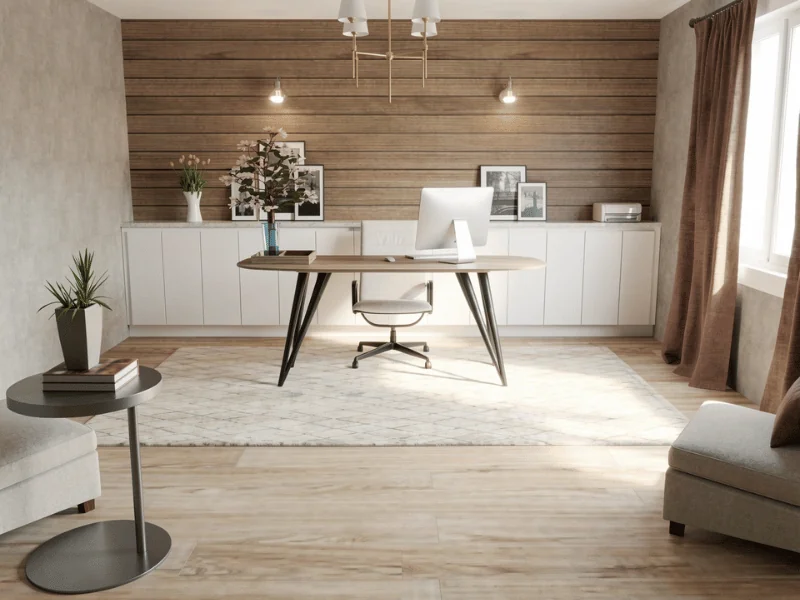 Homeoffice-Umbau-Design mit Holz-Akzentwand, eingebautem Stauraum, zentralem Schreibtisch und sanftem natürlichem Licht.