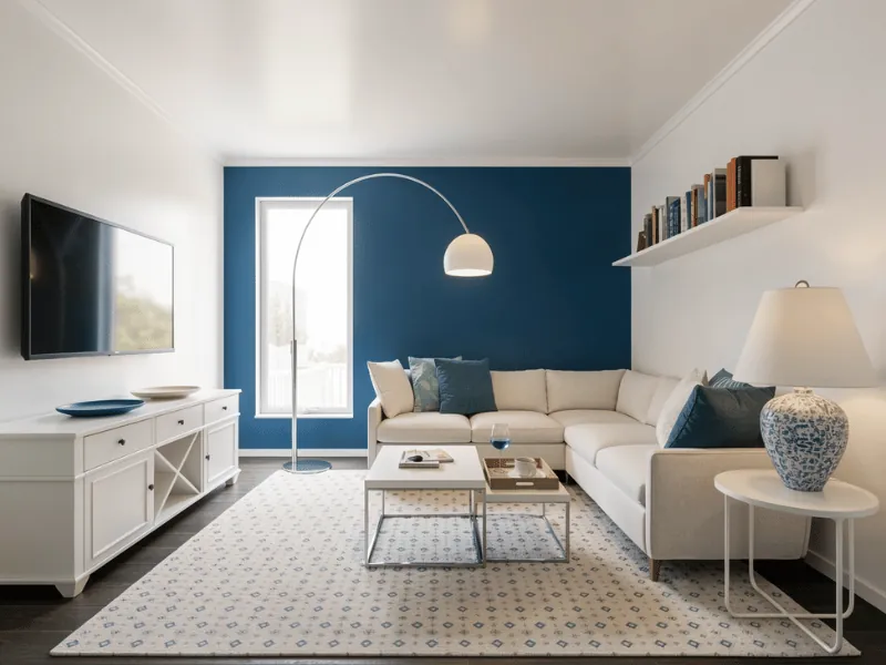 KI-Innenarchitektur-Rendering eines weißen Wohnzimmers mit einer blauen Akzentwand.
