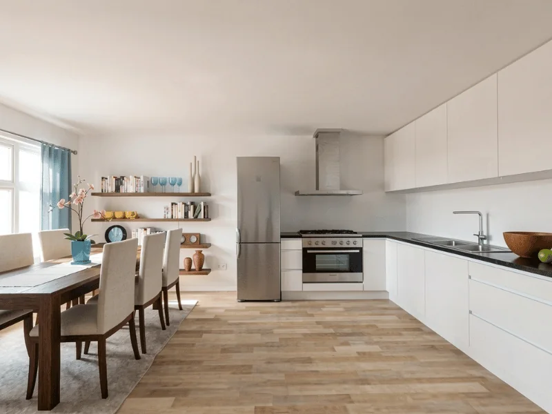 Eine geräumige, moderne Küche mit weißen Schränken, schwarzen Arbeitsplatten, Edelstahlgeräten, Holzboden und einem angrenzenden Esstisch.