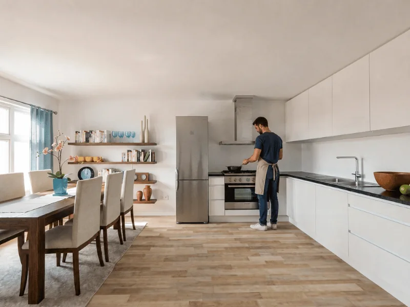 Ein Mann kocht am Herd in einer hellen, offenen Küche mit weißen Schränken, schwarzen Arbeitsplatten, Holzboden und einem Esstisch.