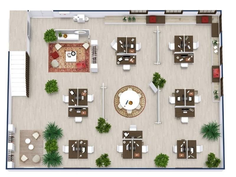 Grundrisse für Büros mit offenen Arbeitsbereichen, Besprechungszonen und moderner Büroeinrichtung.