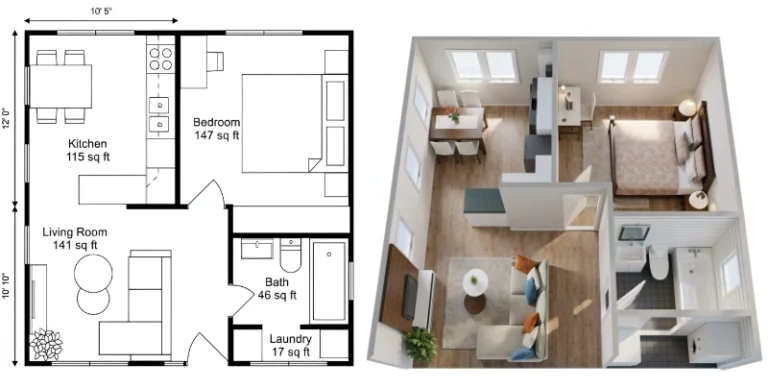 2D und 3D Grundriss einer Wohnung mit Küche, Wohnzimmer, Schlafzimmer, Bad und Hauswirtschaftsraum.