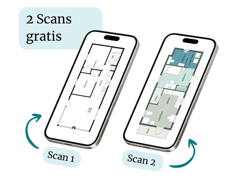 ChatGPT said: Die Grafik zeigt zwei iPhones nebeneinander, die jeweils einen unterschiedlichen Grundrissstil darstellen – einen in einem einfachen Schwarz-Weiß-Layout und den anderen in einer detaillierten, farbcodierten Version mit Raumbeschriftungen. Über den Smartphones steht ein auffälliger Hinweis mit der Aufschrift „2 Scans gratis“, und Pfeile mit den Beschriftungen „Scan 1“ und „Scan 2“ zeigen auf die jeweiligen Geräte. Diese Darstellung gehört zum Preisteil und verdeutlicht, dass Beta-Tester der Grundriss-Scan-App ihre ersten zwei Scans kostenlos erhalten.