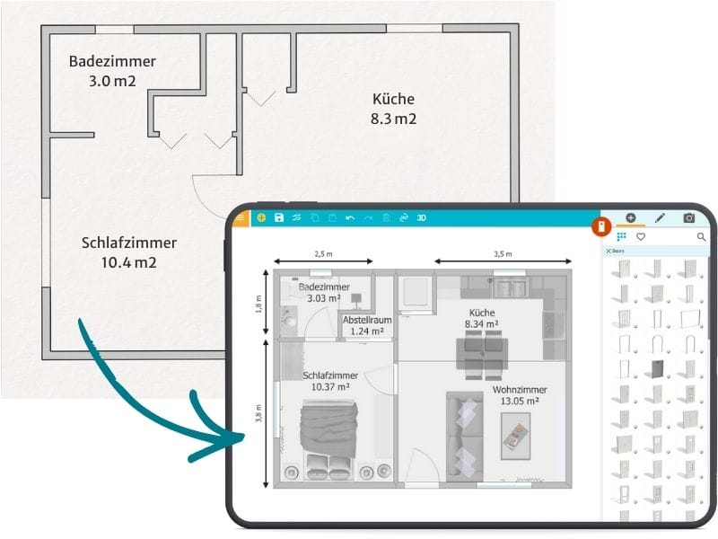 Vergleich zwischen einer einfachen schwarz-weißen Grundrisszeichnung und einer vollständig eingerichteten, digitalen Version in RoomSketcher. Oben ist der ursprüngliche Plan mit beschrifteten Räumen wie Badezimmer, Schlafzimmer und Küche zu sehen. Unten zeigt ein Tablet die konvertierte, möblierte Grundrissansicht mit Maßen und Raumbezeichnungen.