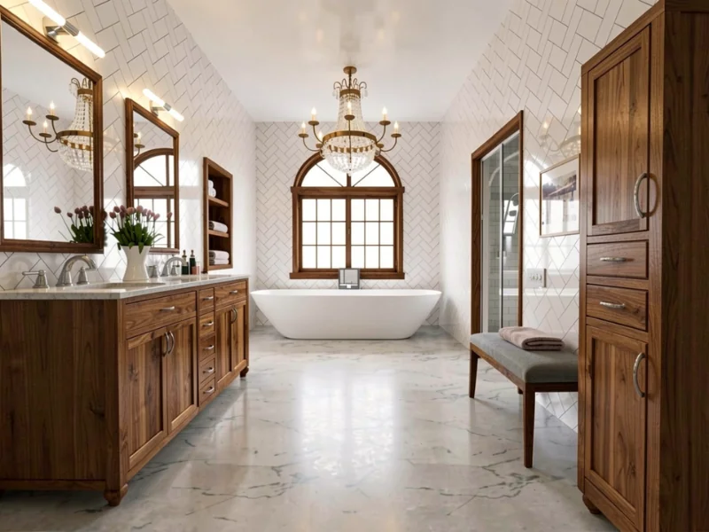 Übergangsstil-Badezimmer mit warmem Holz und Badewanne.