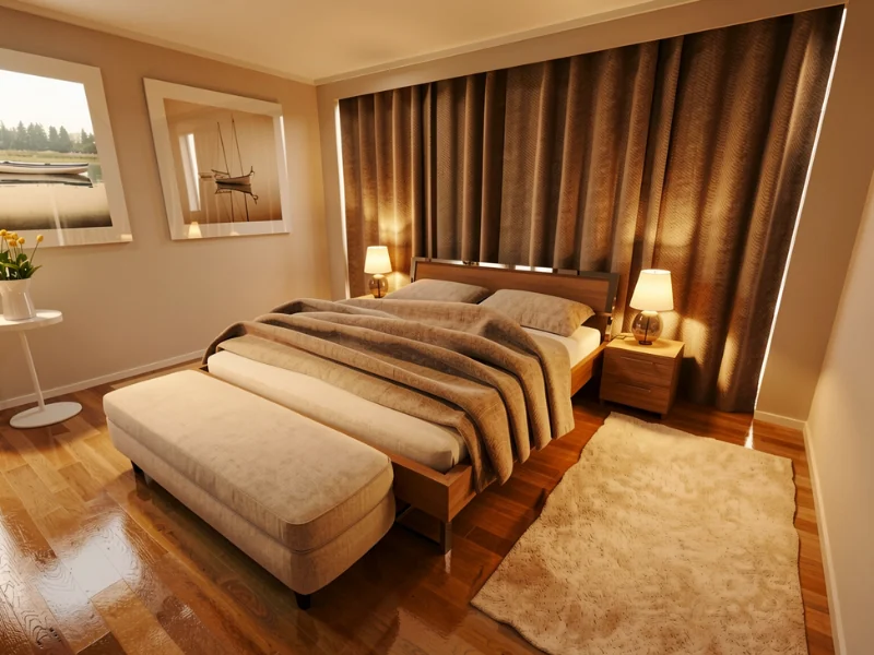 Gemütliches Schlafzimmer mit Doppelbett, grauer Bettwäsche, gepolsterter Bank, dunklen Vorhängen und warm leuchtenden Nachttischlampen.