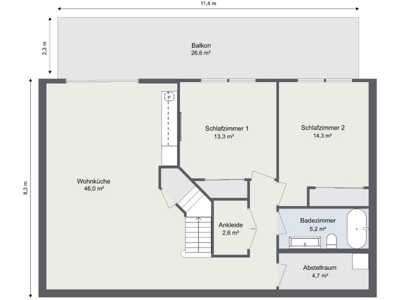 Grundriss einer Wohnung mit beschrifteten Räumen. Links befindet sich eine große Wohnküche, oben ein langer Balkon. Rechts liegen zwei Schlafzimmer, ein Badezimmer und ein Abstellraum. In der Mitte sind eine Treppe und eine Ankleide eingezeichnet. Alle Räume zeigen zusätzlich ihre Größe in Quadratfuß.