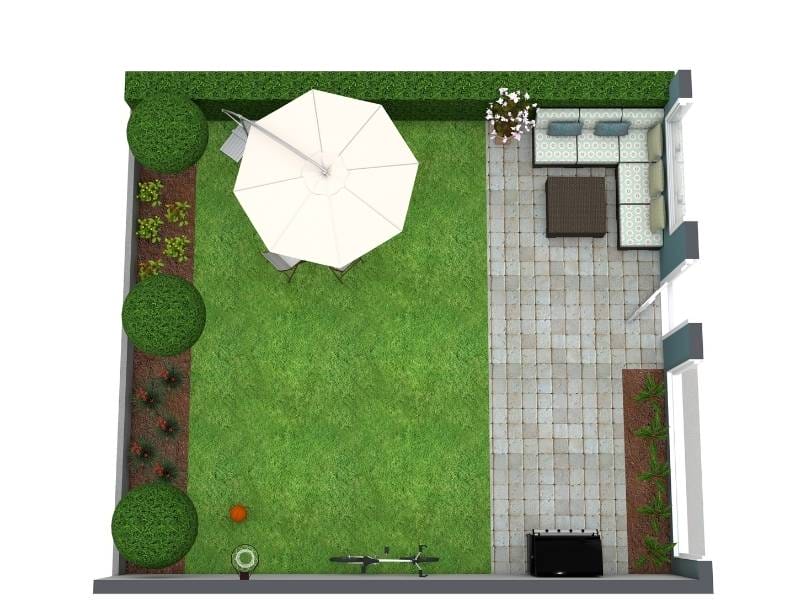 Grundriss für einen Garten mit Sitzbereich, Rasenfläche und Terrasse