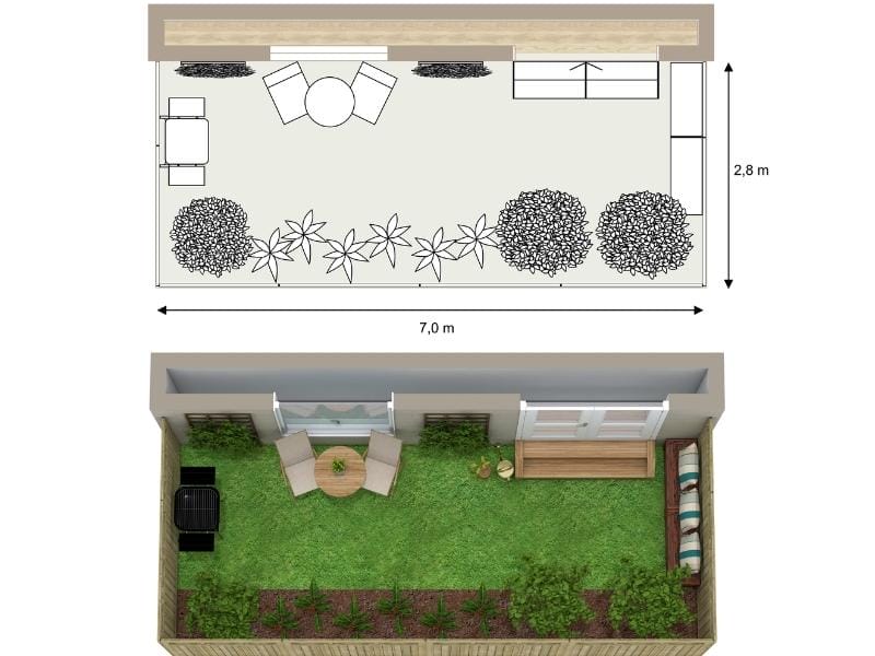 Grundriss für einen kleinen Garten mit Sitzbereich und Bepflanzung