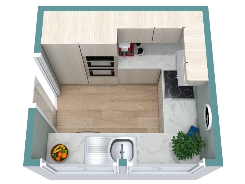 Kleiner Grundriss für eine U-förmige Küche mit kompaktem Layout und kurzen Laufwegen