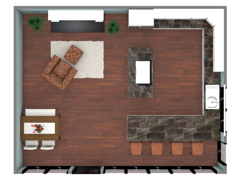 Großer Grundriss für eine U-förmige Küche mit Kochinsel, Sitzplätzen und offenem Wohnbereich