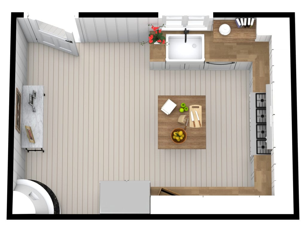 Grundriss für eine U-förmige Küche im Landhausstil mit Kochinsel und viel Arbeitsfläche