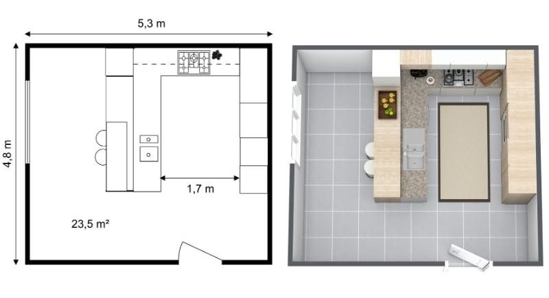 Grundriss für eine U-förmige Küche mit Maßen, Frühstücksbar und Arbeitsdreieck