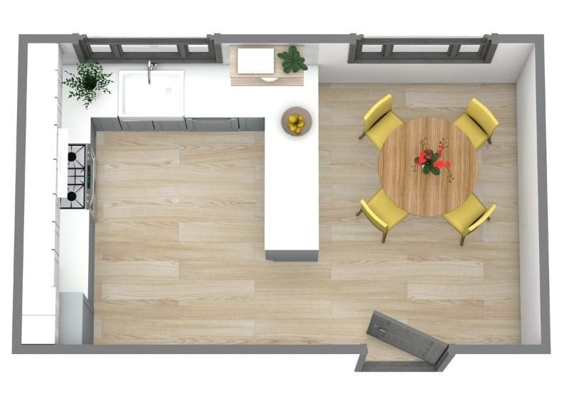 Grundriss für eine U-förmige Küche mit Halbinsel und offenem Essbereich