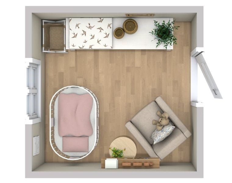 Babyzimmer Grundriss mit Kinderbett, Sessel und Wickelkommode, liebevoll gestaltet mit warmem Holzboden.