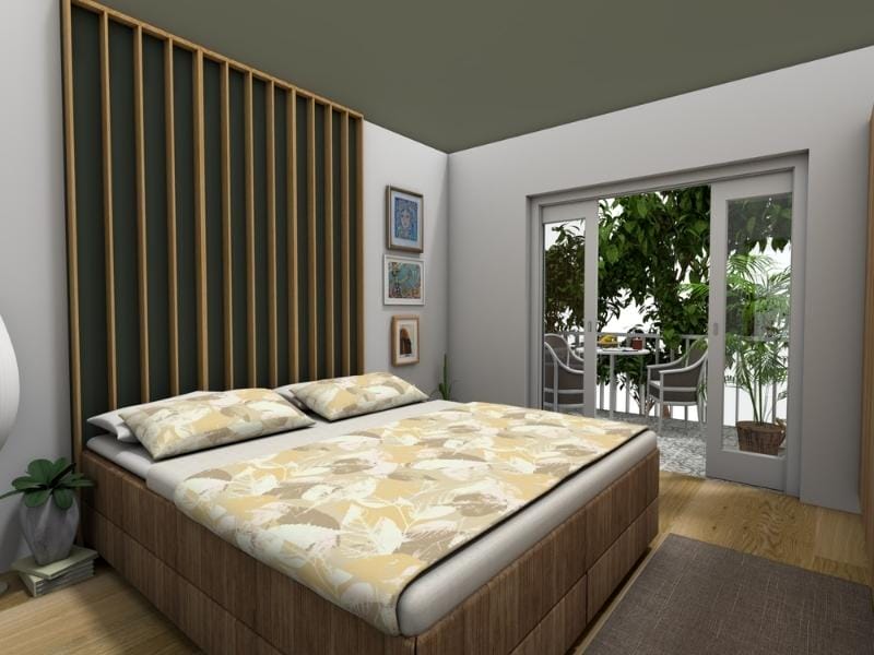 Modernes Schlafzimmer mit Balkon, Doppelbett, Holzboden und großen Fenstern, gestaltet als Inspiration für Grundrisse für Schlafzimmer.