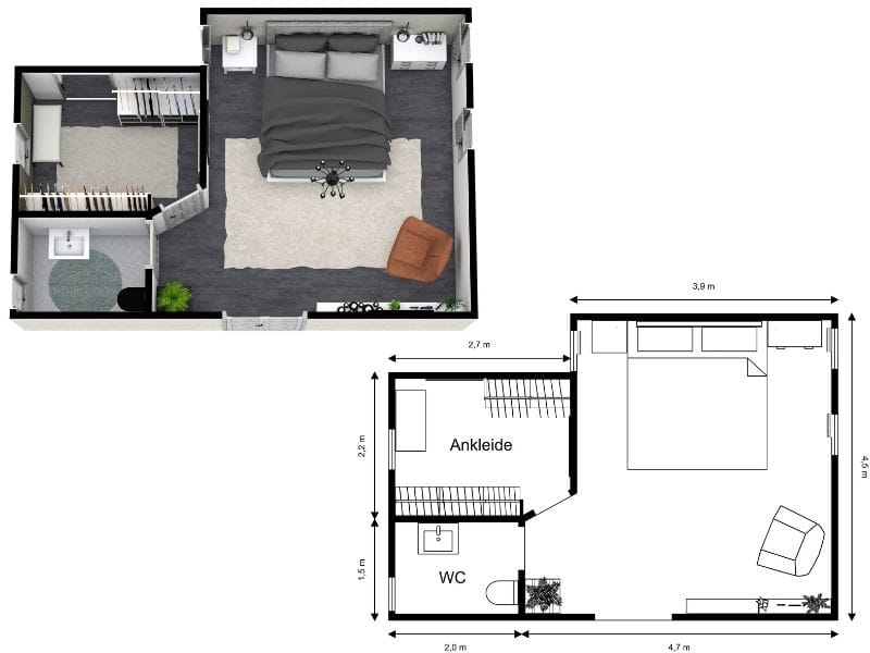 Hauptschlafzimmer Grundriss mit Ankleide und eigenem WC, modern gestaltet mit funktionaler Raumaufteilung.