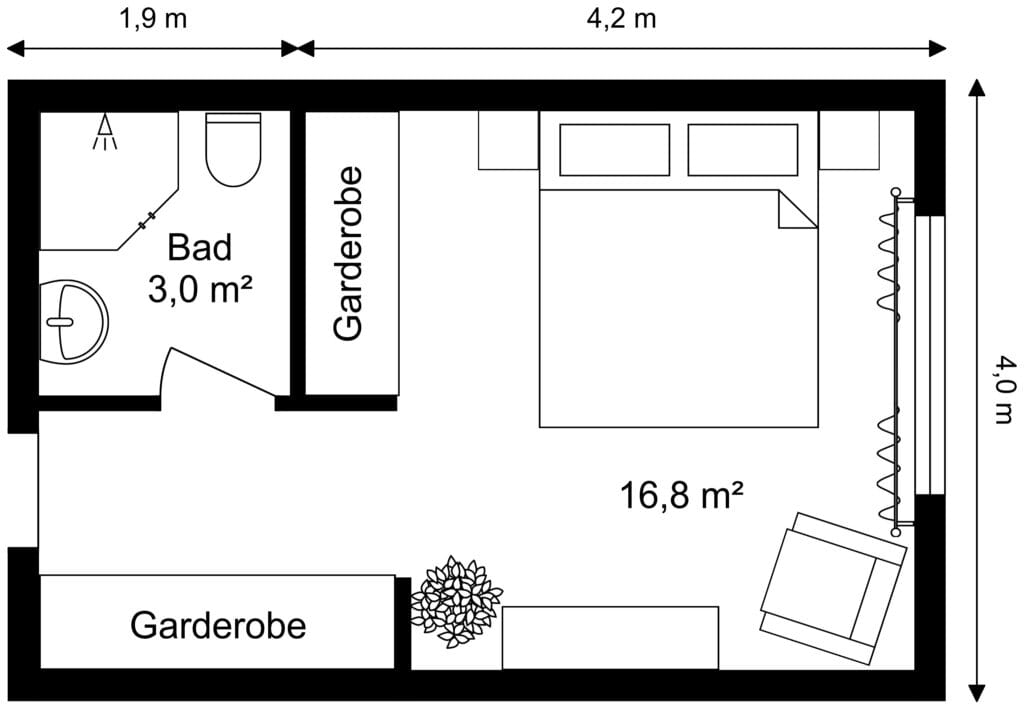 Grundriss für Schlafzimmer mit eigenem Bad und Garderobe, inklusive Abmessungen und Raumaufteilung.