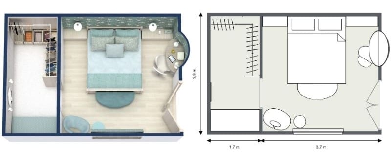 Grundriss für ein Schlafzimmer mit begehbarer Garderobe und moderner Möblierung.