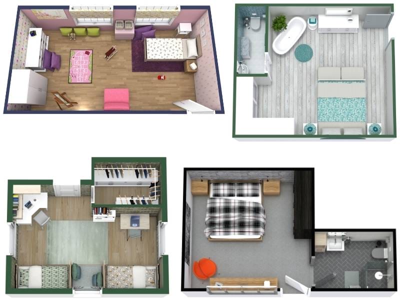 Grundrisse für Schlafzimmer in verschiedenen Größen und Stilen, mit Einzelbetten, Doppelbetten und integrierten Badezimmern, ideal zur Inspiration für die Schlafzimmerplanung.