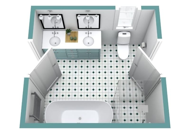 3D Grundriss eines modernen Badezimmers mit zwei Türen, Doppelwaschbecken, freistehender Badewanne und Dusche