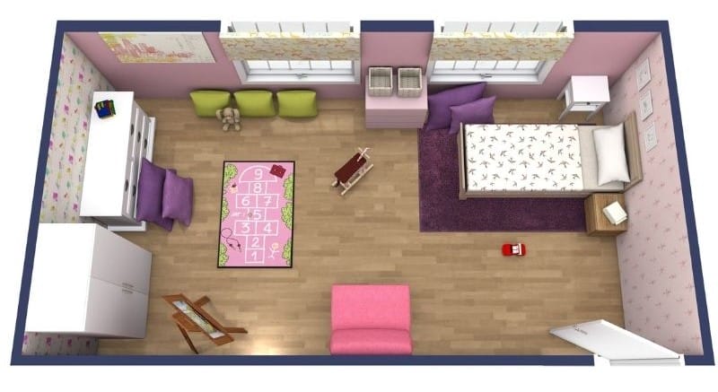 Moderner Grundriss für ein Kinderzimmer mit gemütlichem Bett, Schreibtisch und Stauraum – ideal für ein junges Mädchen