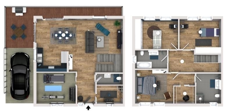 Moderner Grundriss für ein zweistöckiges Haus mit großer Terrasse, offenem Wohnbereich, Garage und mehreren Schlafzimmern